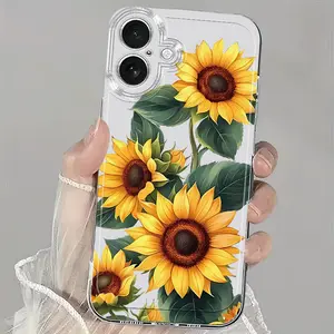 1 pc Clear phone case featuring sunflower, leaf, and plant designs – a luxurious, soft TPU shock-resistant phone case compatible with iPhone 17, 16, 15, 14, 13, 12, and 11 Pro Max
