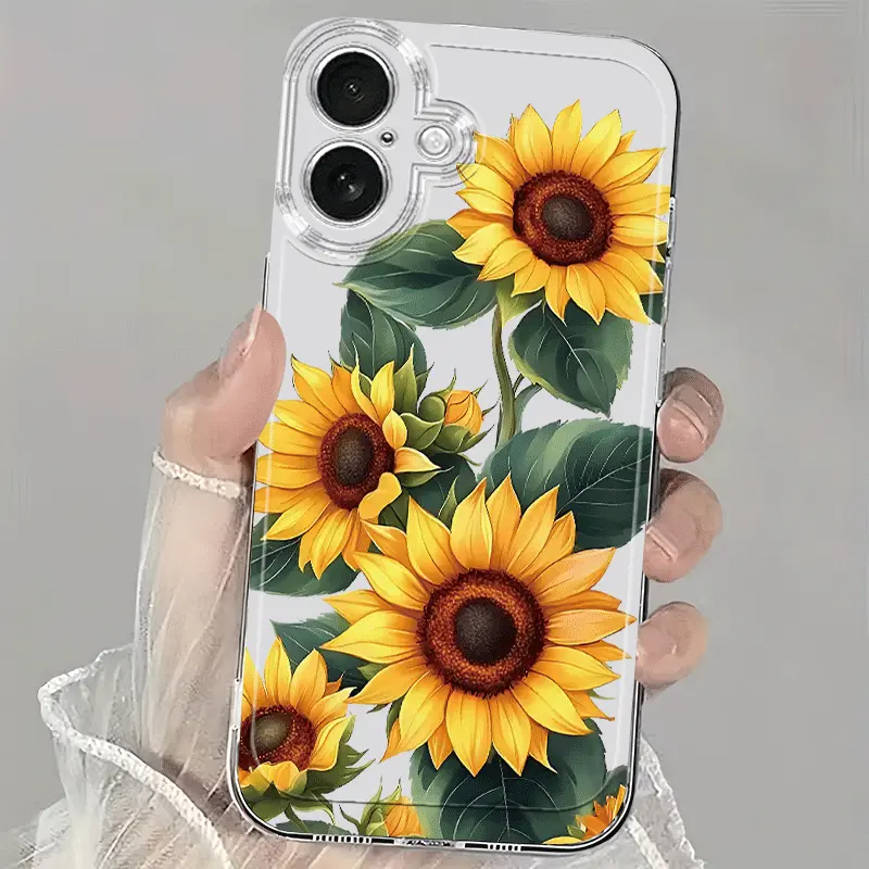 1 pc Clear phone case featuring sunflower, leaf, and plant designs – a luxurious, soft TPU shock-resistant phone case compatible with iPhone 17, 16, 15, 14, 13, 12, and 11 Pro Max