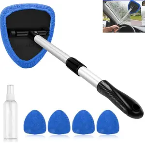 Windshield Cleaner Tool Car Window Cleaning Wash Kit with 4 Reusable Microfiber Pads 1 Spray Bottle and Extendable Handle Auto Glass Wiper Kit