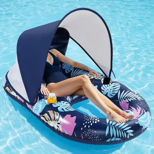 Inflatable Pool Floats with UPF50+ Canopy-Removable-120° Adjustable, Large Pool Beach Floating Raft Lounge with 2 Cup Holders, Swimming Inflatable Pool Floats for Beach, Lake, Party