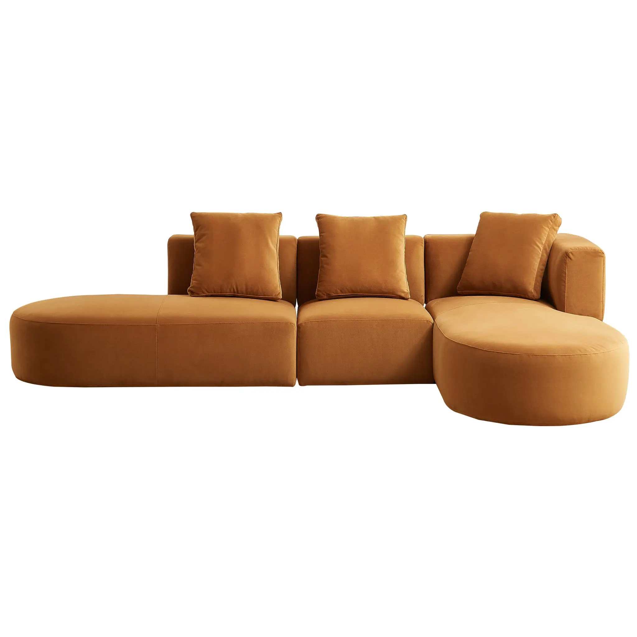Ulsan Cognac Velvet Right-Facing Chaise Contemporary Sectional Couch, L-Shaped Modern Sofas Set, Cosy Home Living Room Indoor Furniture, L Shaped Sofas