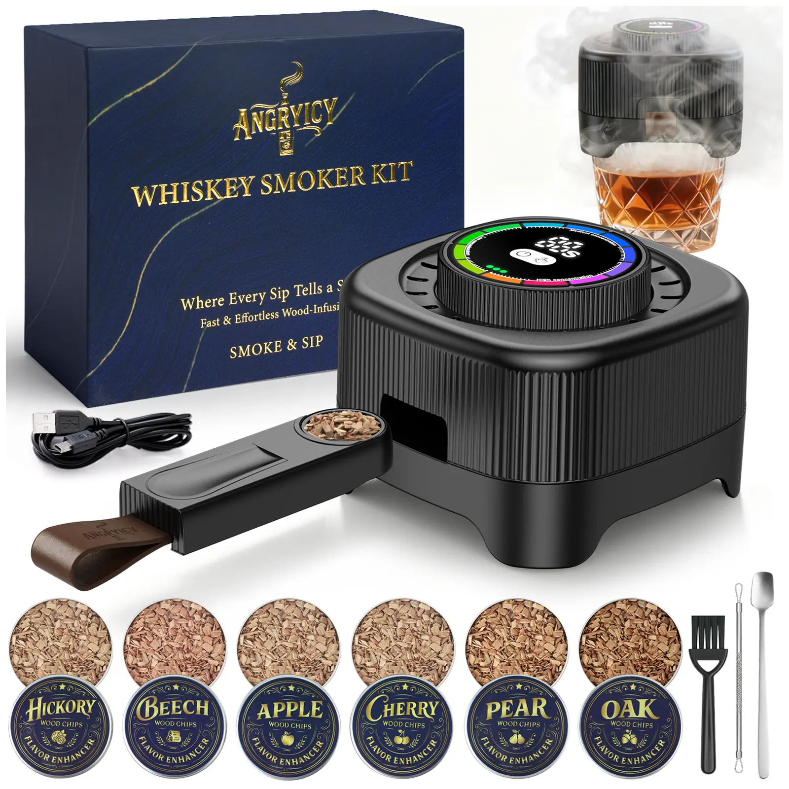 ANGRYICY Electric Cocktail Smoker Kit with 6 Wood Chips Built-in Lighter,Father's Day Gift No Butane Needed, Rechargeable Cocktail Smoker Kit,Fashioned Drink Smoker Kit,Bourbon Whiskey Valentine's Day Gifts For Men Dad Husband