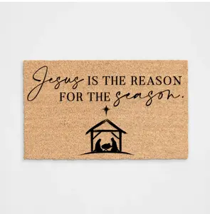 Jesus Is The Reason for the Season Manger Christmas Doormat Flocking Entryway Decoration Durable Textured Vibrant Design