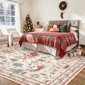 Christmas Living Room Carpet, Cream Color Santa Sleigh Reindeer Mat, Vintage Boho Style, Pet Friendly Non-Slip, Soft Plush, Boho Washable Rug