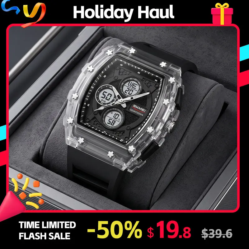 SKMEI 2605 Men's Digital Sport Watch, Tonneau Ana-Digi Design with Dual Time Display, Stopwatch, Countdown Timer, Daily Alarm and Day-Date, LED Backlight, Soft Silicone Band, Water Resistant for Daily Use (5ATM)