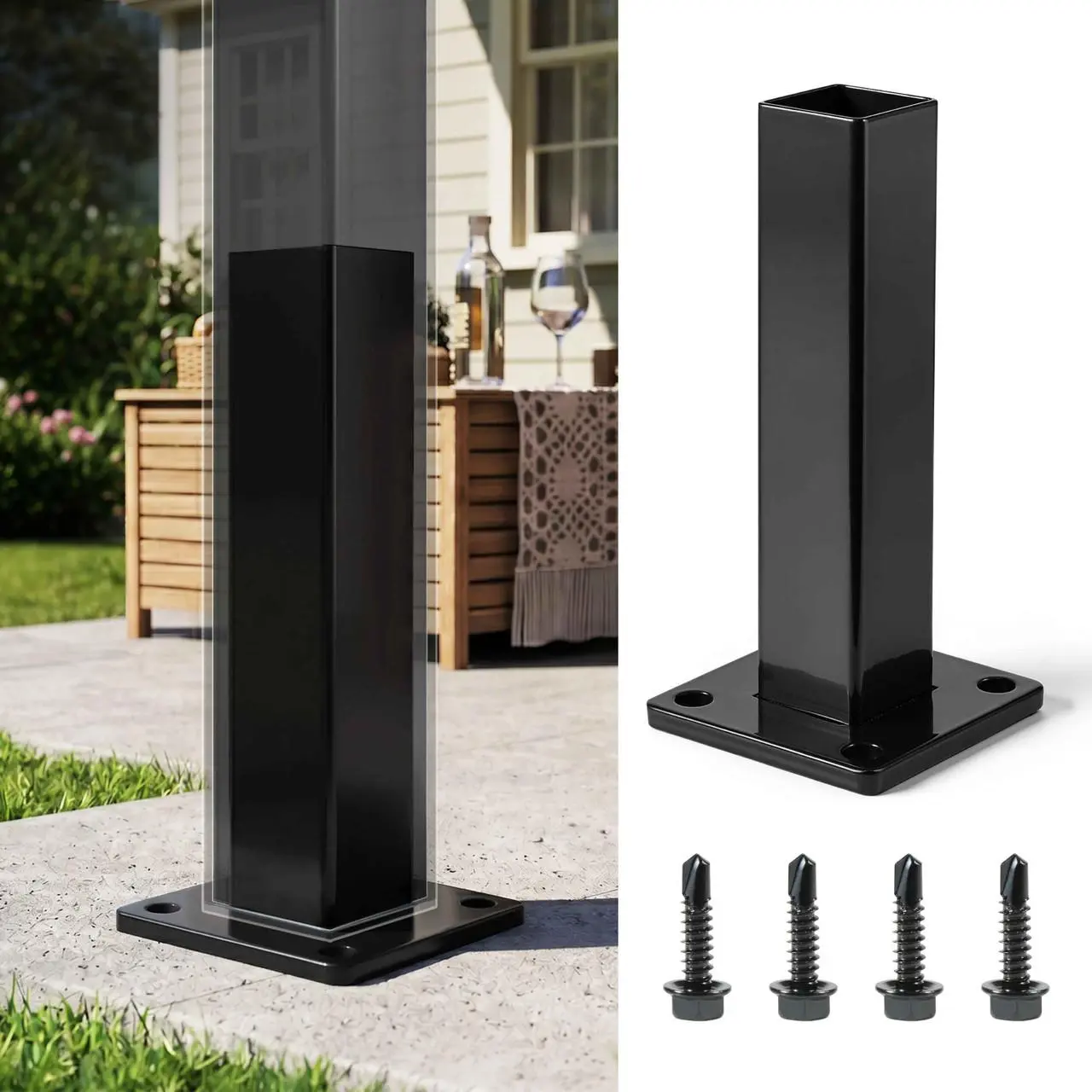 Fencer Wire Heavy Duty Metal Fence Post Base, Black Powder-Coated 2” x 2” Desk Post Anchor Base with Screws, Anti-Rust Metal Post Brackets, Accessories of Metal Fencing Border, Single