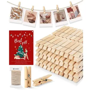 100 Pack Mini Wooden Clothespins with 32 FT Jute Twine String, Tiny Decorative Clips for Photos Baby Shower Crafts Display