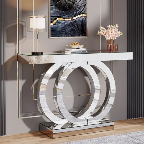 【Radiance Series】Tribesigns 39-Inch Luxury Circular Mirrored Console Table, Modern Entryway Table with Thickened Mirror Finish Tabletop, Rectangle Glass Sofa Table Foyer Table for Living Room, Entrance, Hallway