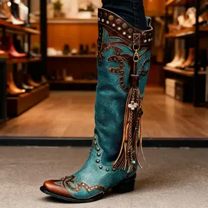 Retro Western Style Women'S Boots |   Turquoise Color,-On Design, Mid Heel Height (3-4 inch),, Perfect Country Events, Rodeos, and Women'S Shoes, Women Shoes