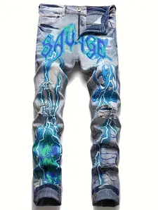Men's Y2K Lightning Print High Street Jeans, Vintage Washed Graffiti Straight Leg Denim Pants