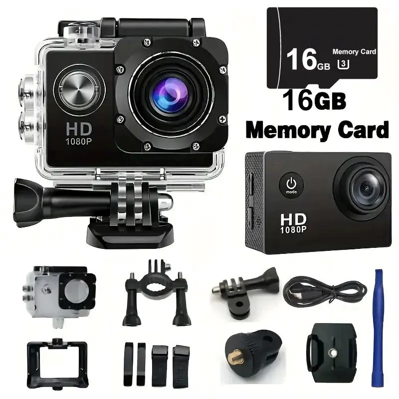Sports action camera, HD 1080P 2-inch LCD screen, 5 megapixel action camera, 300 mAh battery, waterproof 140 ° wide-angle wide-angle field of view, cycling swimming climbing and other outdoor sports with the gift of shooting!