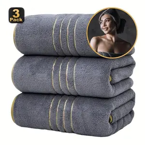 [Soft Bath Towels] 3pcs Ultra Soft Coral Velvet Bath Towels, Super Absorbent, Quick-Dry, Generous Size, 70x140cm (27.5x55.1 Inches), Striped Design with Golden Accents, Perfect for Home or Spa Use