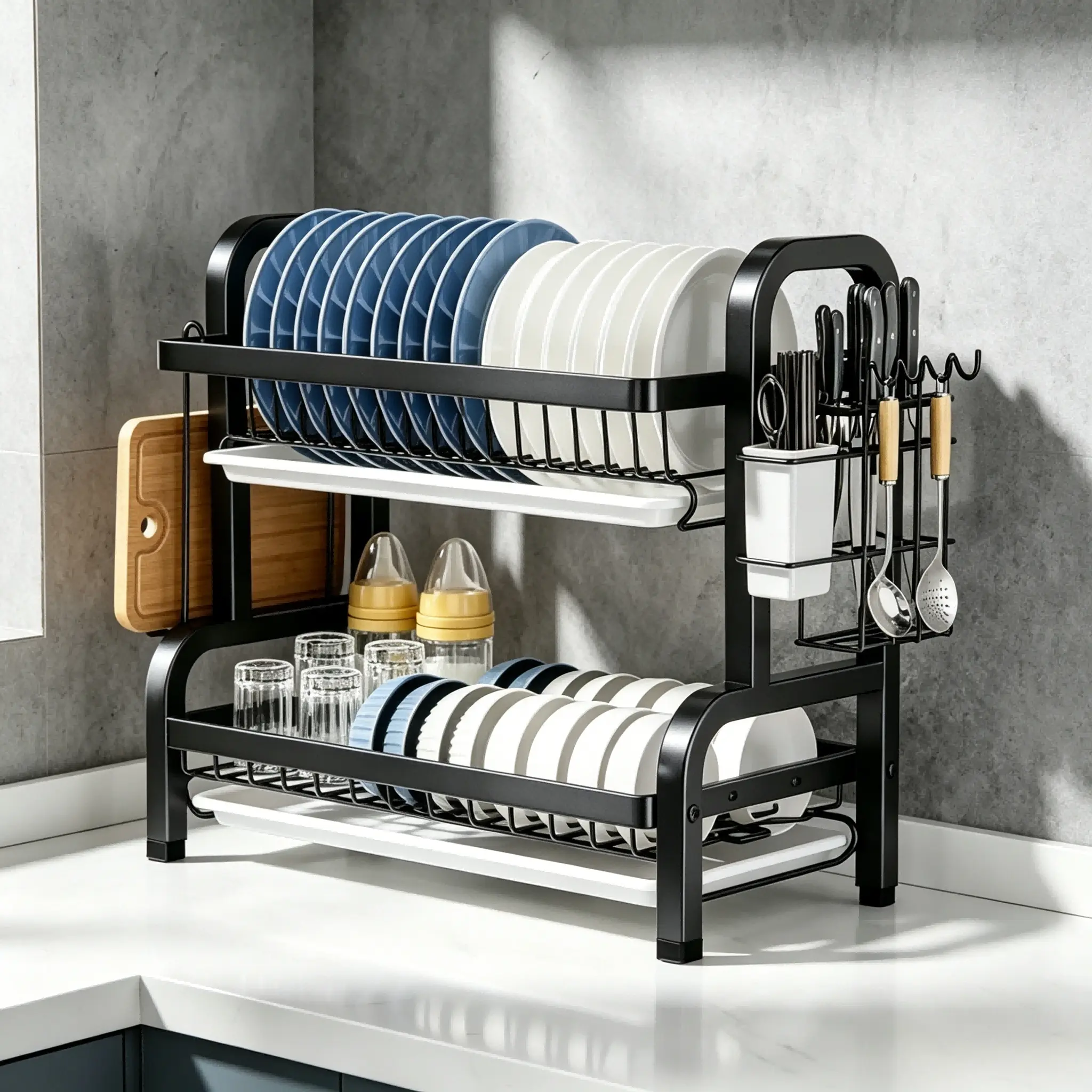 Space Saving Dish Drying Rack for Small Kitchens, 2 Tier Kitchen Counter Organizer with Drainboard & Utensil Holder, Large Capacity Dish Storage Rack, Apartment Must Haves, Kitchen Organization Essential dish drainer shelf rustproof