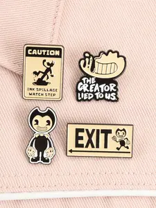 4PCS Bendy and the Ink Machine Cartoon Game Enamel Pin Horror Vintage Collectible Badges Clip, Emblem Badge Decoration, Fashion Accessory, with Classic Bendy Caution Ink Spillage Exit Sign Designs for Horror Game Fans Backpack Jacket Decoration Gift