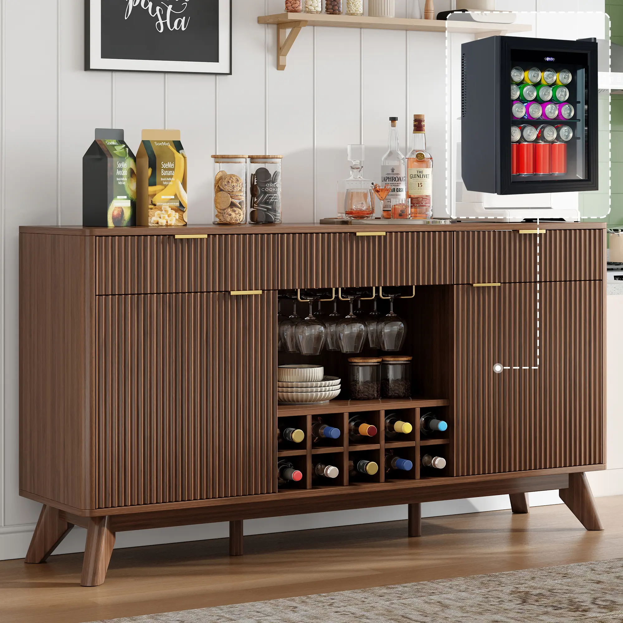 [Ships in 2 Boxes][Summerwins] [SummerFinds] AMERLIFE 60" Coffee Bar Cabinet with Fridge (Included), Fluted Wine Bar Cabinet with Wine Rack and Glass Holder, Buffet Sideboard Table for Home with 3 Drawer & Storage