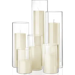 Set of 6 Pillar Candles and Glass Cylinder Vases Assorted Sizes Cylinder Holders for Pillar Candles Home Table Centerpieces Wedding Party Decorations (Ivory)