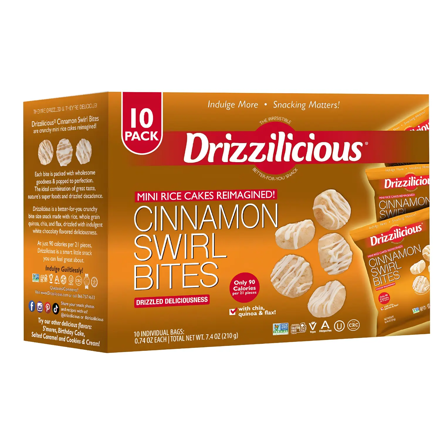 Drizzilicious Cinnamon Swirl Mini Rice Cakes, 0.74oz (Pack of 10) - Gluten-Free, Vegan, 90-Calorie, Non-GMO, Kosher Healthy Sweet Rice Crisp Snack Alternative 1