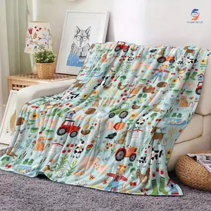 Playful Farm Yard Flannel Blanket Ultra Soft Warm Throw with Tractors Animals Crops Ideal Gift for Kids Boys Father's Day Sofa Bed Camping Decor