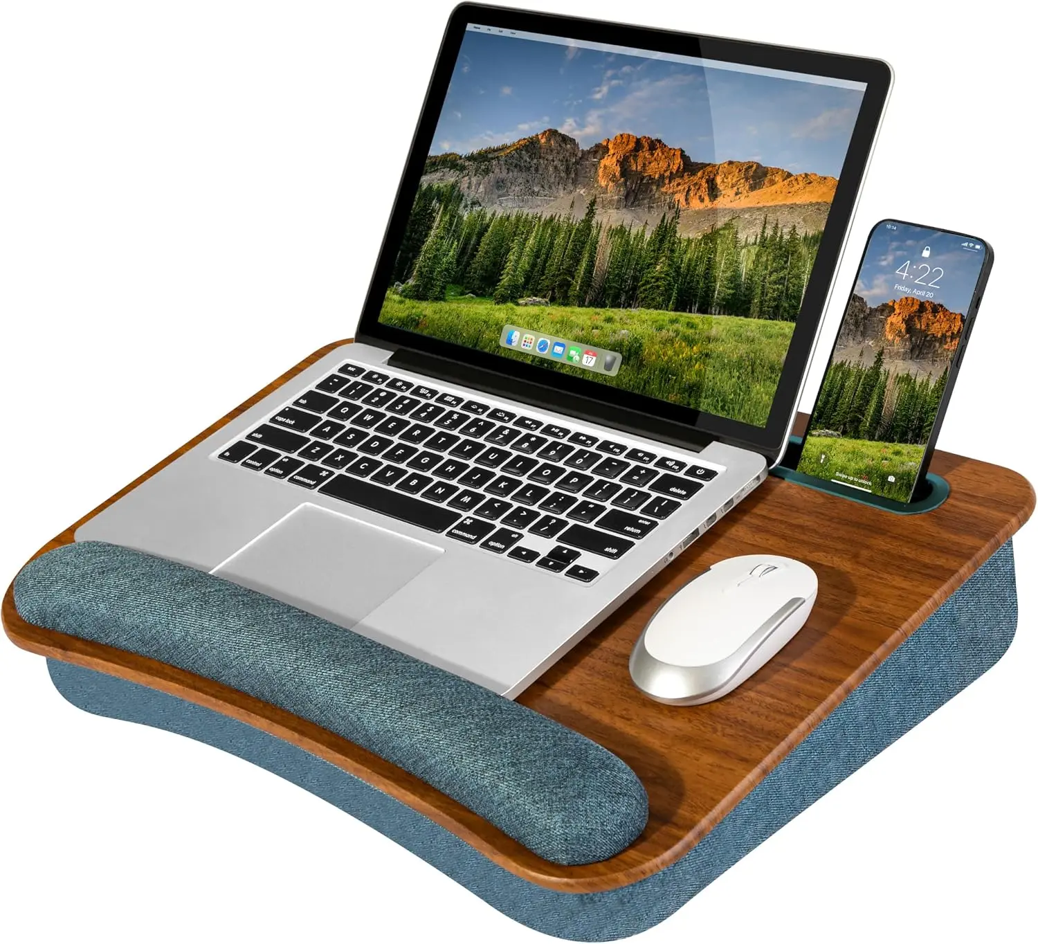 Portable Laptop Lap Desk - Espresso Woodgrain Office Furniture, Fits 15.6" Laptops, 13.5” Device Slot, Dual-Purpose Wrist Rest & Device Ledge, 2 Storage Pockets, Full Microbead Cushion