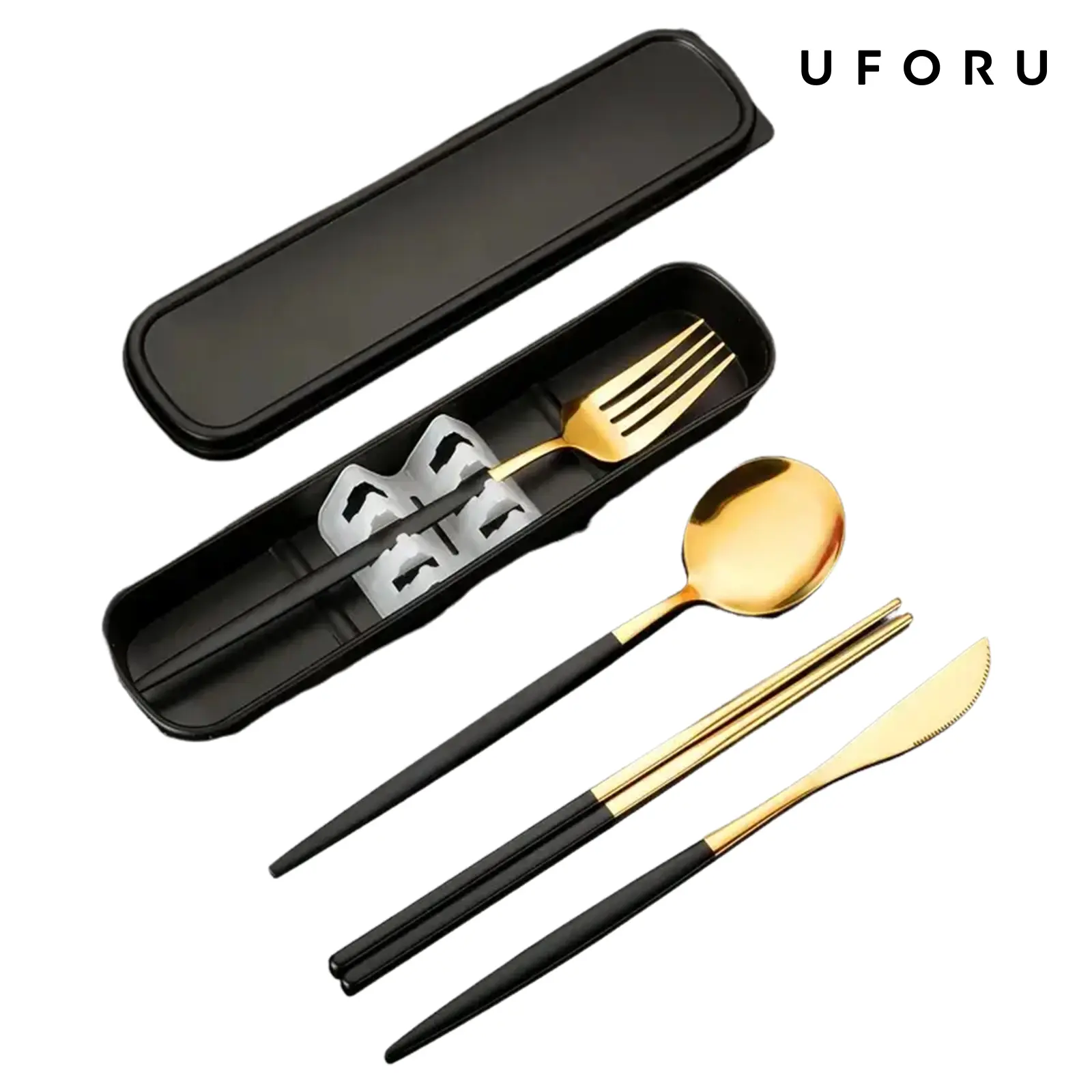 UFORU Portable 4Pcs Gold Cutlery Set, Stainless Steel Knife Fork Spoon Chopsticks with Storage Case, Reusable Travel Utensils for Camping Office School Lunch,dealsforyou,midyearsale,dealsforyoudays,  #SummerWins