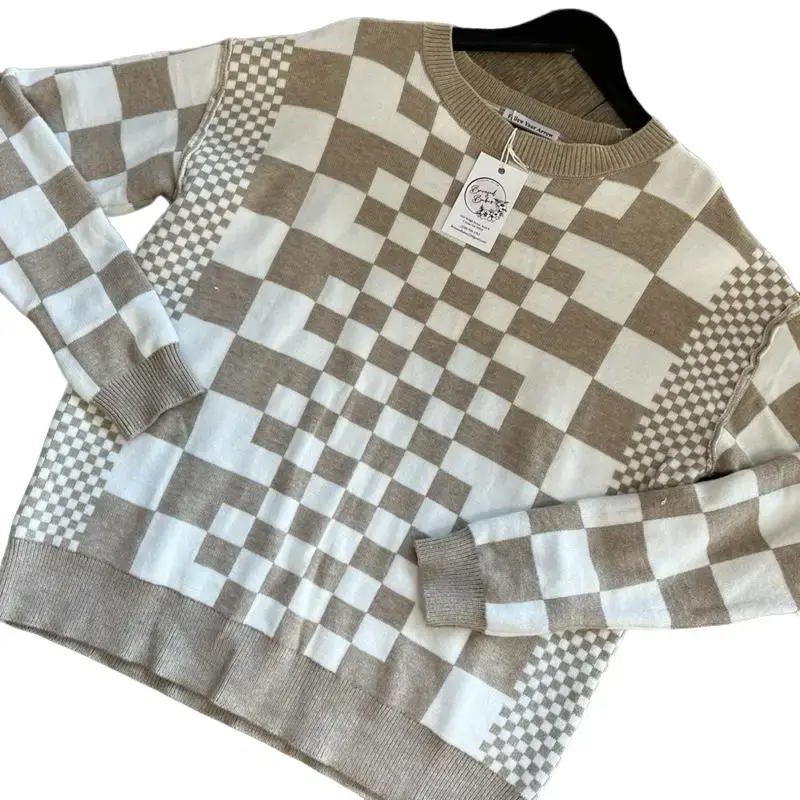 Tan Checker Drop Shoulder Sweater - Knitwear for Women - Womenswear