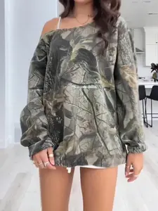 Women's Casual Loose-Fit Camo Print Long Sleeve Pullover Top, Thick Fabric Drop Shoulder Design for All Seasons Daily Wear & Vacation