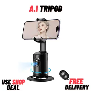 Auto Face Tracking Tripod, No App, 360° Rotation Face Body Phone Camera Mount Gesture Control, Smart Shooting Holder with 3000mAh Rechargeable Battery for Vlog, Streaming, Video, Tiktok- Black (Black) Accessories Selfie