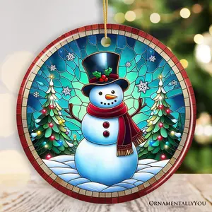 Snowman Window Art Stained Glass Style Ceramic Ornament, Christmas Gift and Decor