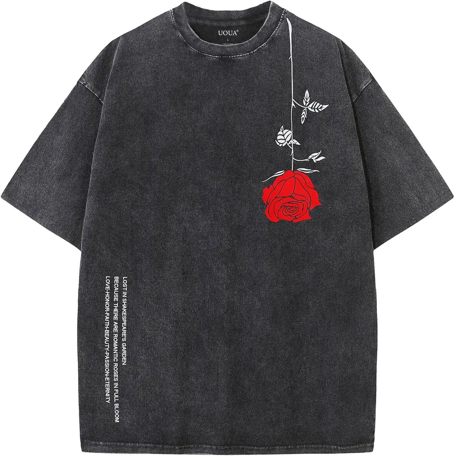 Men's Vintage Acid Washed  Cotton Graphic Print T-Shirt - Vivid Rose Design, Vertical Romantic Poem Text, Oversized Drop-Shoulder, Short Sleeve Streetwear Top, Machine Washable for the best gift