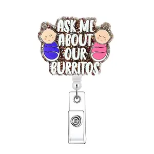 Baby Care Themed Retractable Badge Reel without Card Sleeve, 1 Count Cartoon and Letter Design Badge Holder with ID Clip for Nurse Doctor Student Volunteer, Nursing Students, Badge Decoration