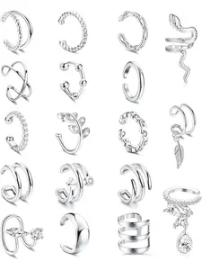 Fashionable 18 Pcs Silvery Non-Piercing Wrap Ear Cuff Jewelry Set for Women Men Unisex Cartilage Ornaments Refined Copper Luminous Zirconia Highlights Assorted Elegant Shapes Modern Trendy Layouts Abundant Choices Diversify Helix Upper Ear Decoration