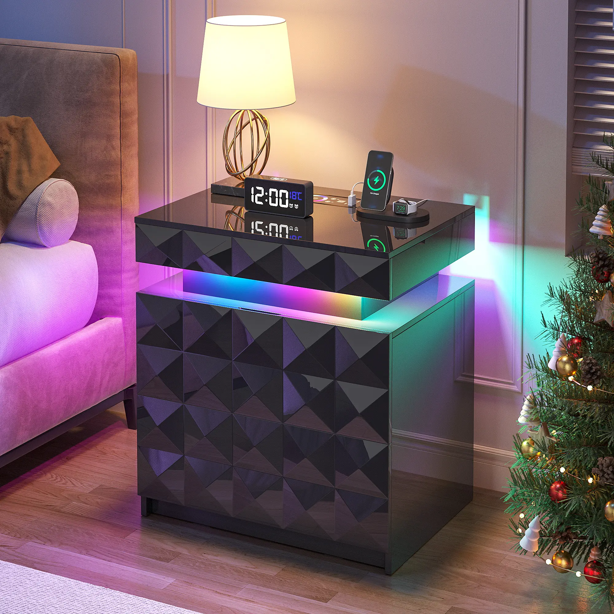 Dystler Modern End Table Nightstand Set - 3 Drawers, Lockable Hidden Storage, Charging Station, Human Sensor RGB LED Lights for Bedroom