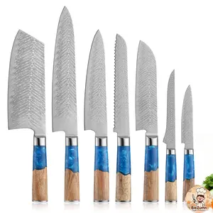 Feather patterned kitchen knife set, blue resin wooden handle kitchen knife combination, household slicing and bone cutting complete set of kitchenware
