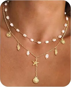 MIAZQ Starfish & Shell Pearl Layered Necklace for Women Boho Summer Beach Jewelry