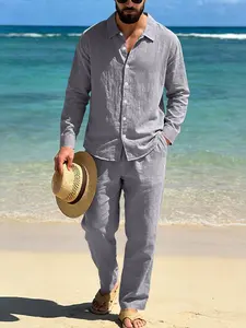Men's two-piece set, a linen long-sleeved button-down shirt and a linen casual straight-leg pants, regular fit, minimalist spring/summer clothing, suitable for autumn comfort casual wear and seaside vacations