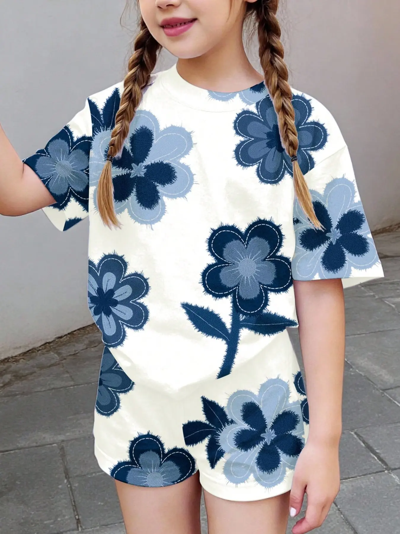 Summer Teen Girls Girly Casual Simple Short Sleeve T-Shirt and Shorts Set, Floral Print Two-Piece, Loose-Fitting Summer Wear, Summer Clothing Set