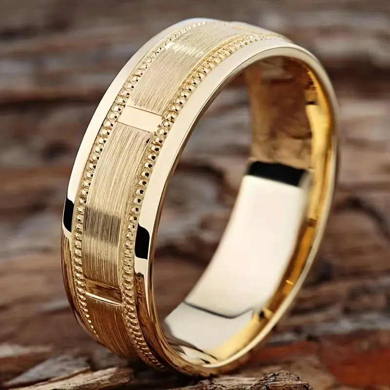 8mm Luxury Golden Stainless Steel Men's Ring - Casual Style, Vintage Polished Metal, Mens Wedding Band, Ideal Gift for Boyfriend, Fashion Jewelry Accessory, Gold Ring, Gold Rings, Mens Wedding Bands