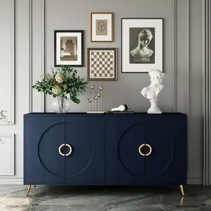 Roomfitters Modern 4 Door Lacquered Wooden Cabinet, Sideboard Buffet with Gold Accents, Storage Cabinet for Living Room, Hallway, Kitchen, Dining Room, Navy Blue