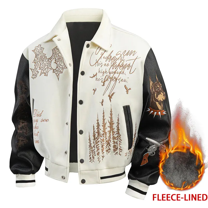 Fleece-lined or lightweight options available; loose-fit men’s varsity-style jacket with a turn-down collar and embroidery; black-and-white leather-sleeved aviator jacket; fashionable, trendy casual street-style buttoned jacket; suitable as outerwear for