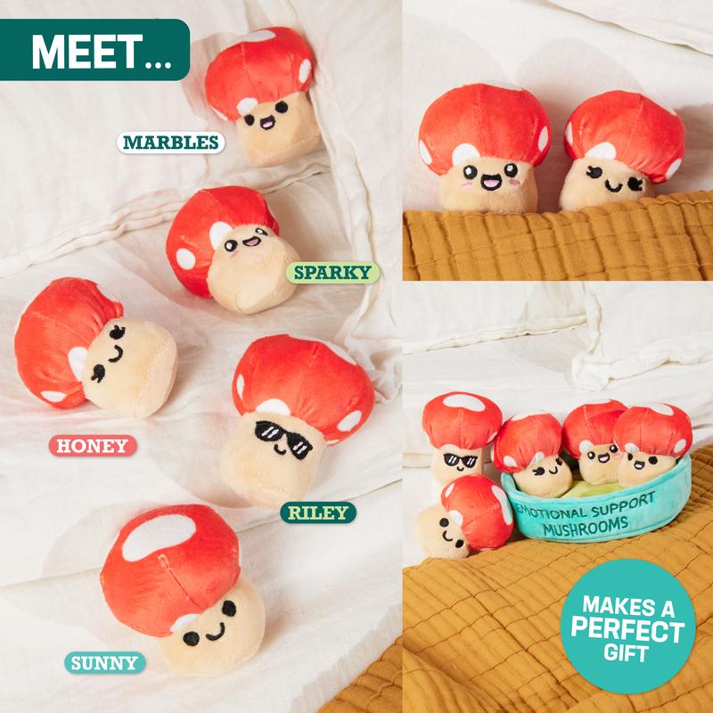 Emotional Support Mushrooms - 5 Plush Toys in Basket | Whimsical & Cute Stuffed Animal Gift for All Ages, Perfect Valentine's Day Present