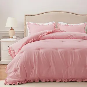 Queen Comforter - Pink Ruffle Comforter for Queen Size, Fluffy Comforter, 3 with 1 Comforter  2 Pillow Shams