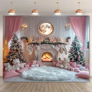 1pc 2D Flat estive Polyester Christmas Backdrop Pink Fireplace Scene with Trees and Gifts No Electricity Needed Winter Holiday Party Decoration Outdoor Christmas Decorations
