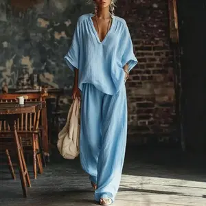 2 Piece Linen Set Women Summer 2026 – V Neck Loose Top & Wide Leg Pants, Casual Lounge Outfit, Comfy Travel Airport Set, Beach Vacation Outfit, Plus Size