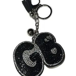 Simple GB Bag Charm-Keychain, Fashion Costume Jewelry Accessory with Sparkling Black Rhinestones, Silver Rhinestones and Tassel Accents