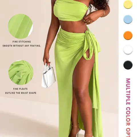 Women's Summer Vacation Set, Sexy Halter Top & High Slit Bodycon Skirt, Ladies' Fashion, Chic Style Fit Womenswear, 2-Piece Ensemble Fitted Clothes, Fashion Clothing Set