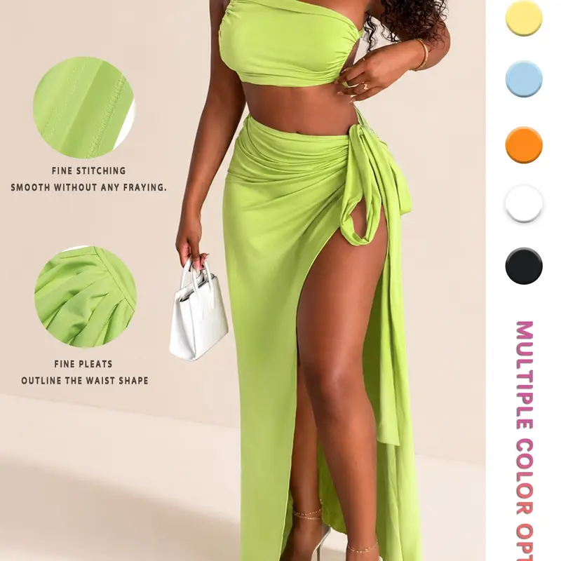 Women's Summer Vacation Set, Sexy Halter Top & High Slit Bodycon Skirt, Ladies' Fashion, Chic Style Fit Womenswear, 2-Piece Ensemble Fitted Clothes, Fashion Clothing Set