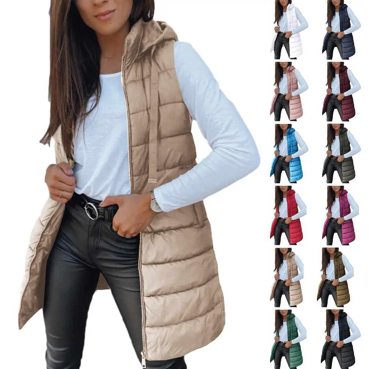 PASLTER Women Long Vest Solid Color Sleeveless Hood Winter Puffer Vest Outwear