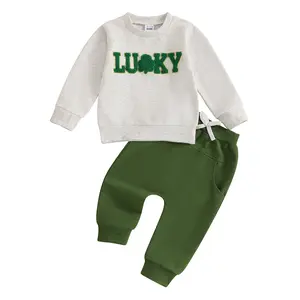 Canrulo Toddler Baby Boy Girl St. Patrick's Day Outfit Lucky Embroidery Long Sleeve Sweatshirt Top Pants Set Irish Outfit