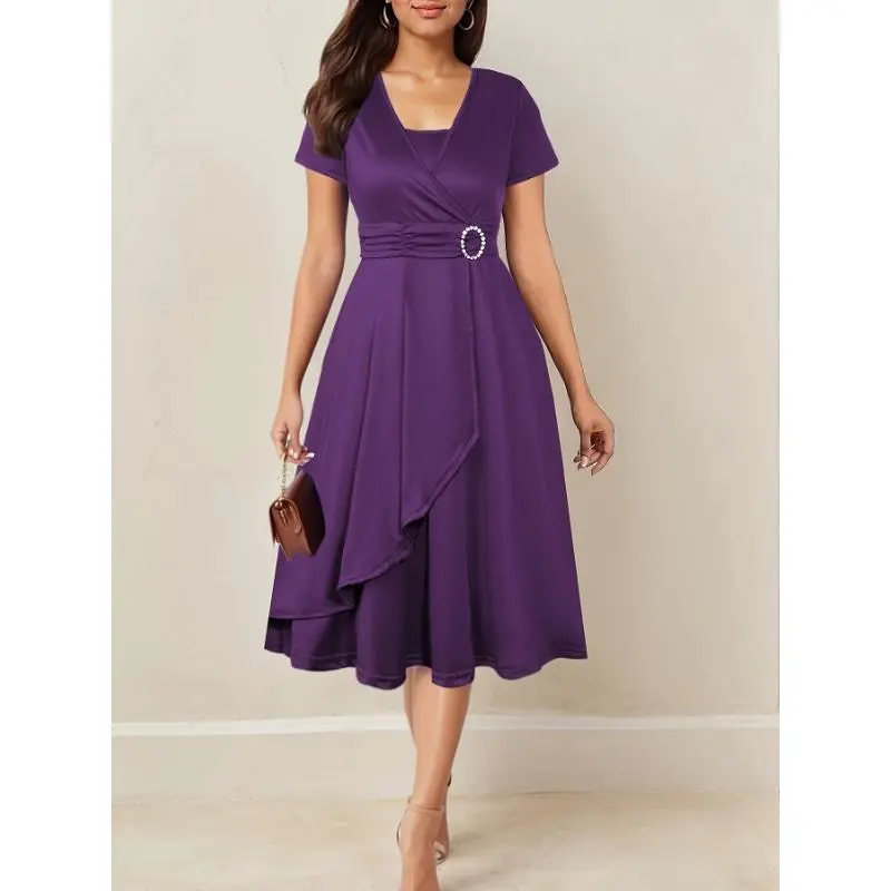 Women's Elegant Maroon Short-Sleeve Midi V-Neck Dress - Polyester Blend, Asymmetrical Hem, Chic Crossed Waist, Rhinestone Detail, Comfortable, Everyday Casual Wear, Machine Washable, Solid Color Cap Sleeve Dress Womenswear