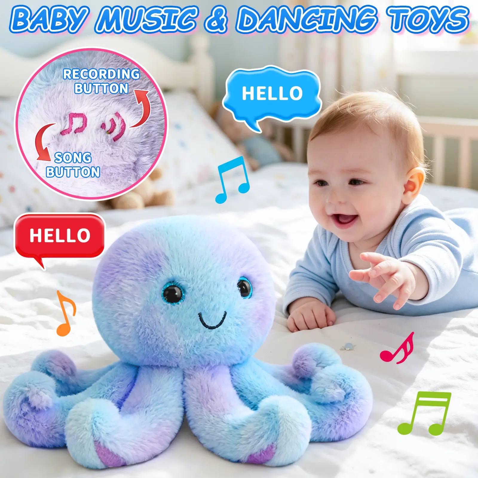 Crawling Octopus Toy for Babies, Interactive Musical Plush Toy with Recording Function, Moving Sensory Tummy Time Toy, Soft Infant Gift for Boys & Girls sohochic